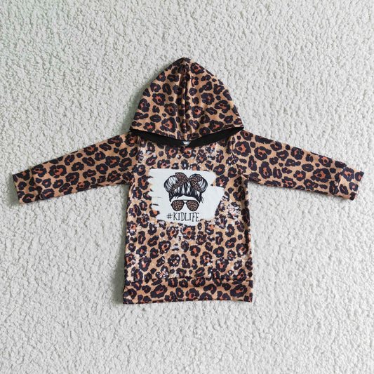 RTS NO MOQ（In Stock ) Girls Leopard Print Long Sleeve Hoodie