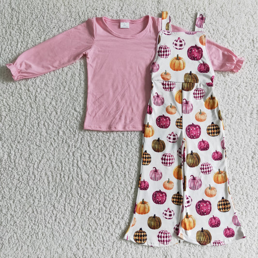 GLP0188 girls Halloween clothes long sleeve top with long pants overalls pumpkin print