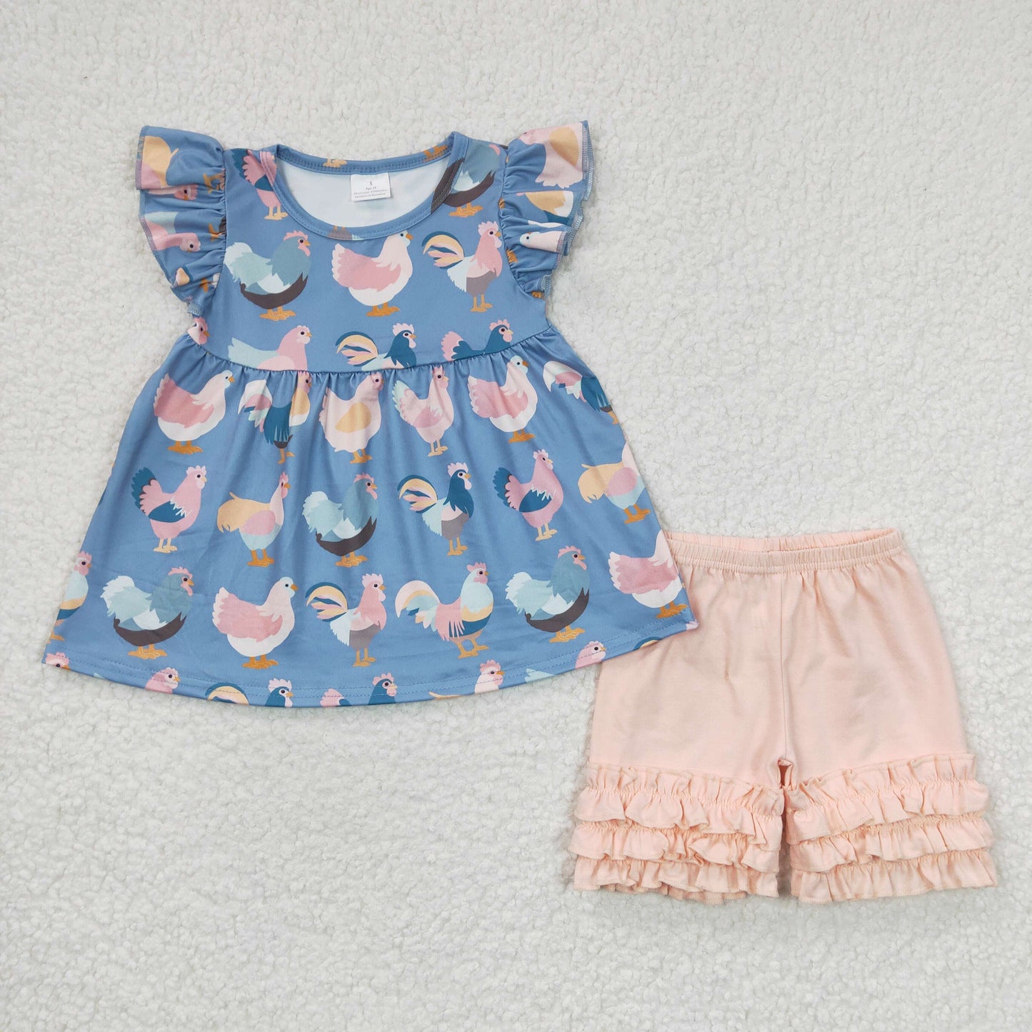 GSSO0168 Girls Color Cock Blue Flying Sleeve Pink Shorts Set
