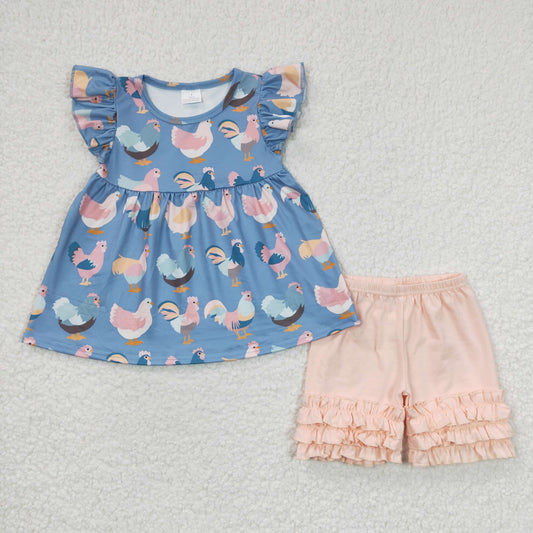 GSSO0168 Girls Color Cock Blue Flying Sleeve Pink Shorts Set