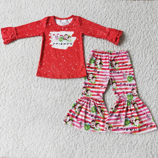 red bleached shirt friends letter design long sleeve pants set
