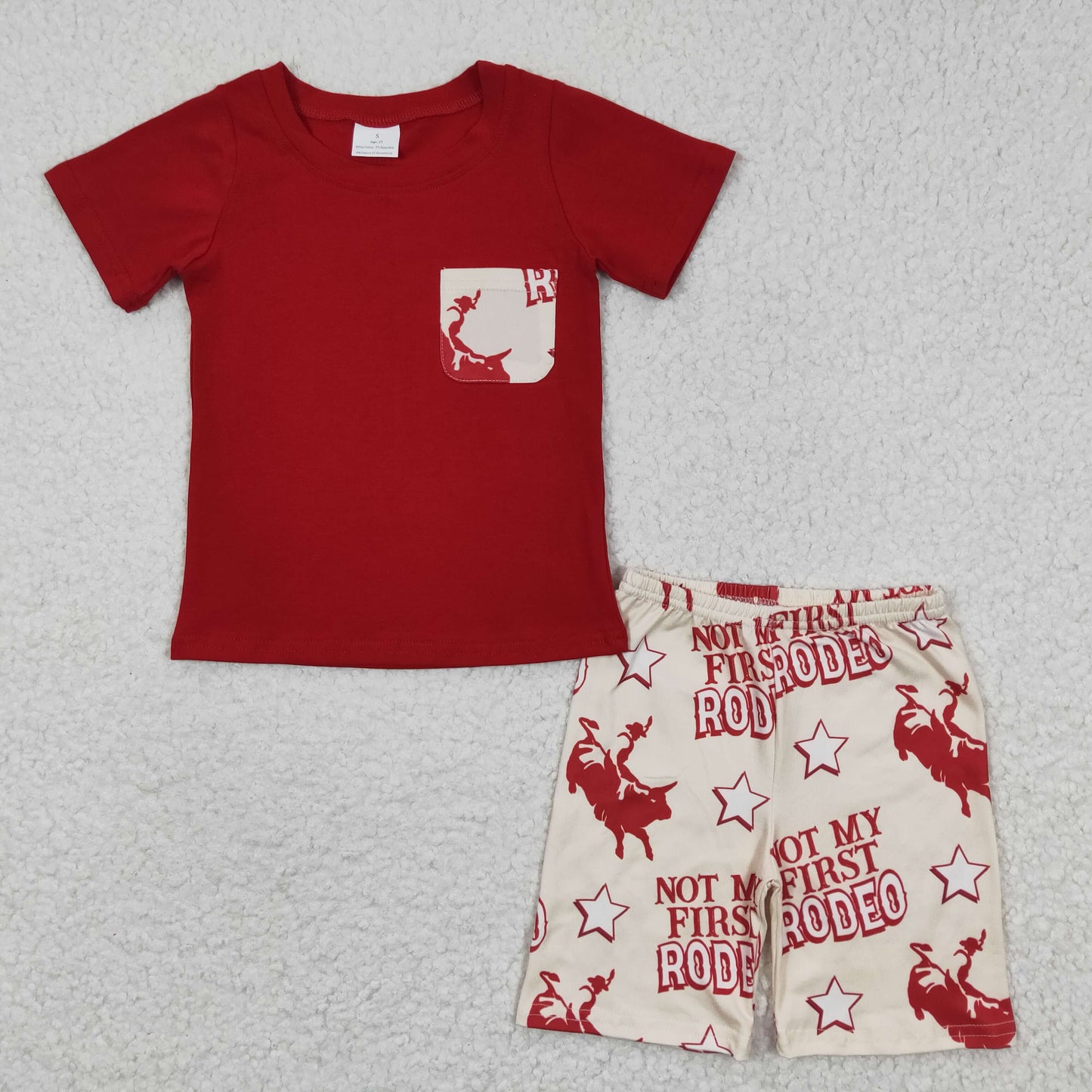 RTS NO MOQ BSSO0146 Boys RODEO Riding Red Pocket Short Sleeve Shorts Set