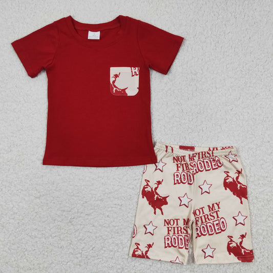 RTS NO MOQ BSSO0146 Boys RODEO Riding Red Pocket Short Sleeve Shorts Set