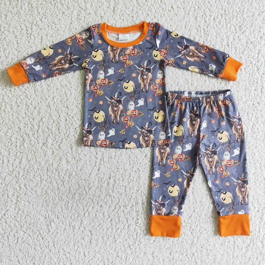 RTS NO MOQ ETA 5/7days arrived BLP0039 boys clothing Boys Halloween  Long Sleeve pumpkin print boys clothing milk silk