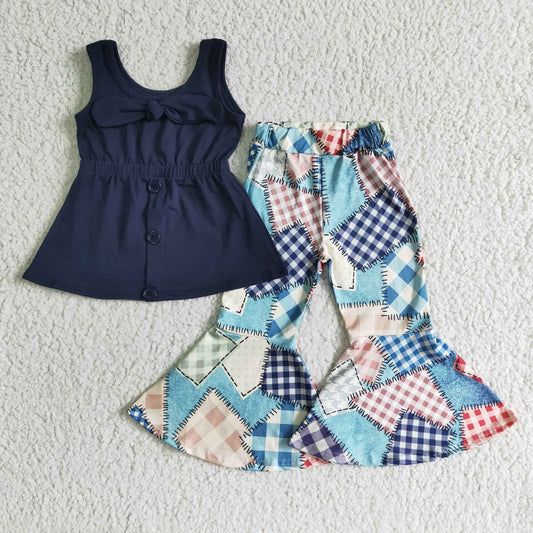 D9-30 Sleeveless Top Checkered Stripe Patch Flare Pants