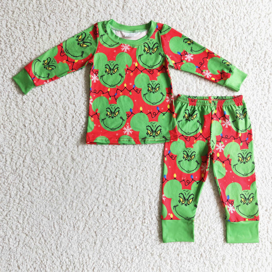 BLP0112 boys outfit long sleeve and long pants Red Green print pajamas set