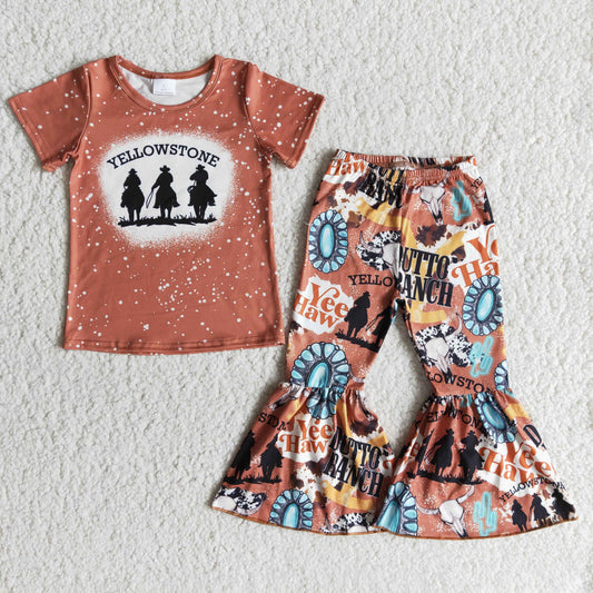 RTS NO MOQ（In Stock) B1-19 yellow three horse men pattern long pants set