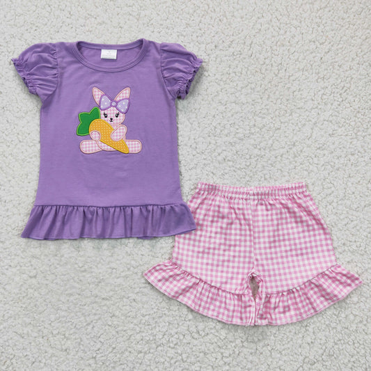 GSSO0126 Girls Embroidered Rabbit Carrot Purple Short Sleeve Shorts Set