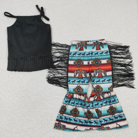 Girls Black Fringed Halter Top With Horse Geometric Fringe Trousers