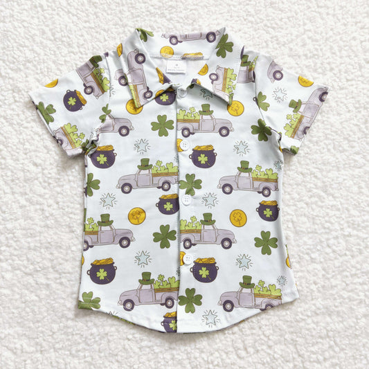 BT0181 Boys Clover Car Green Short Sleeve Top