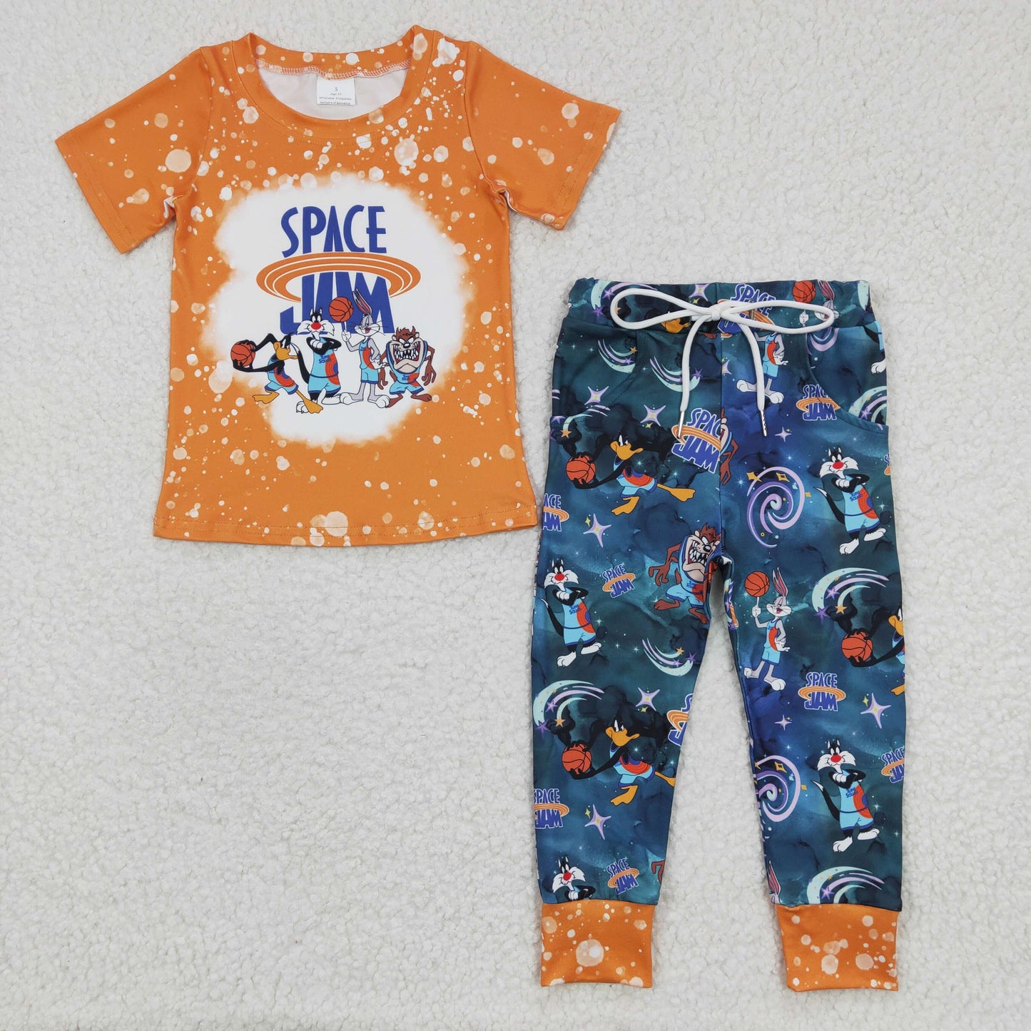 RTS NO MOQ BSPO0091 Boys SPACE Bugs Bunny Orange Short Sleeve Pants Set