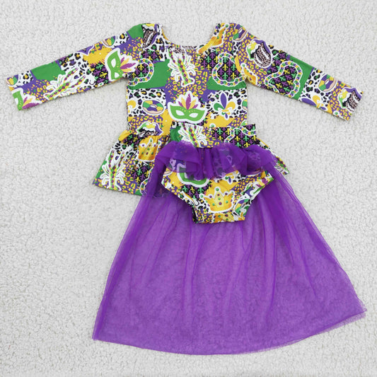 RTS NO MOQ ETA 5/7days Arrived GLD0153 Girls Carnival Mask Long Sleeve Purple Mesh Dress Set