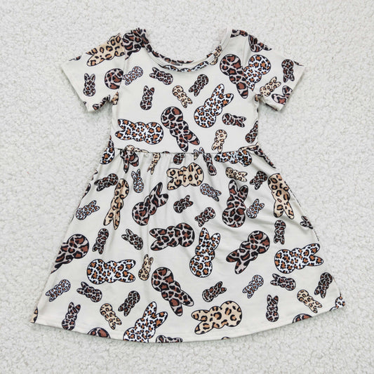 GSD0227 Girls Easter Leopard Print Rabbit Short Sleeve Dress
