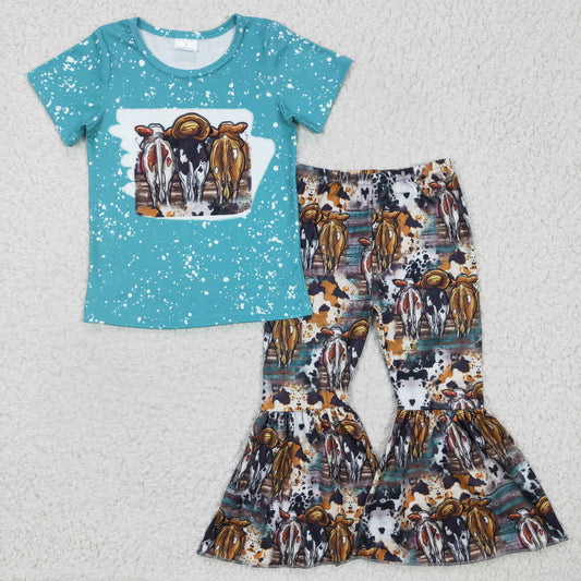 rts no moq GSPO0279 Girls Cow Blue Short Sleeve Pants Set Milk Silk