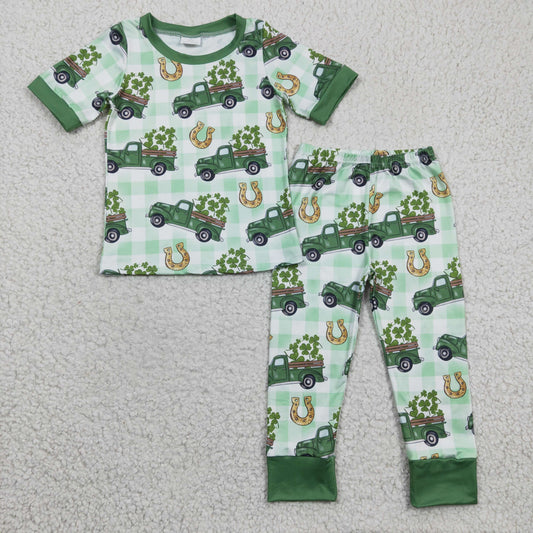 RTS NO MOQ ETA 5/7days Arrived BSPO0043 Boys Green Car Clover Short Sleeve Pants Set