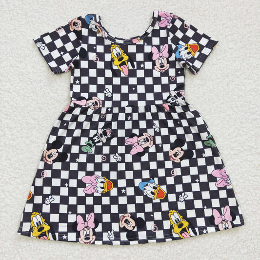 RTS NO MOQ ETA 5/7days Arrived GSD0235 Girls Cartoon Black Plaid Short Sleeve Dress