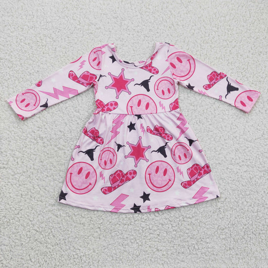 RTS NO MOQ（In Stock ) GLD0170 Girls Hat Smiley Lightning Lightning Pink Long Sleeve Dress