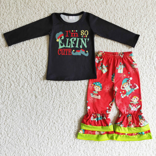 GLP0155 girls outfit Black long sleeve and Red long pants set