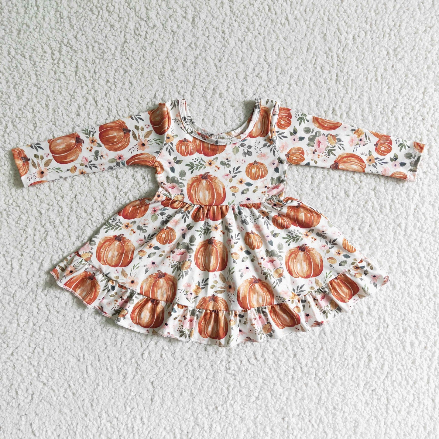 6 A33-15 Autumn Pumpkin Flower Long Sleeve Dress