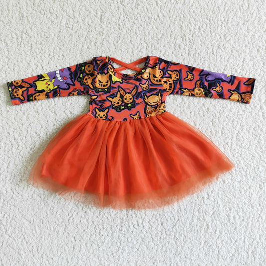 rts no moq GLD0010 Halloween Pumpkin Mesh Long Sleeve Dress