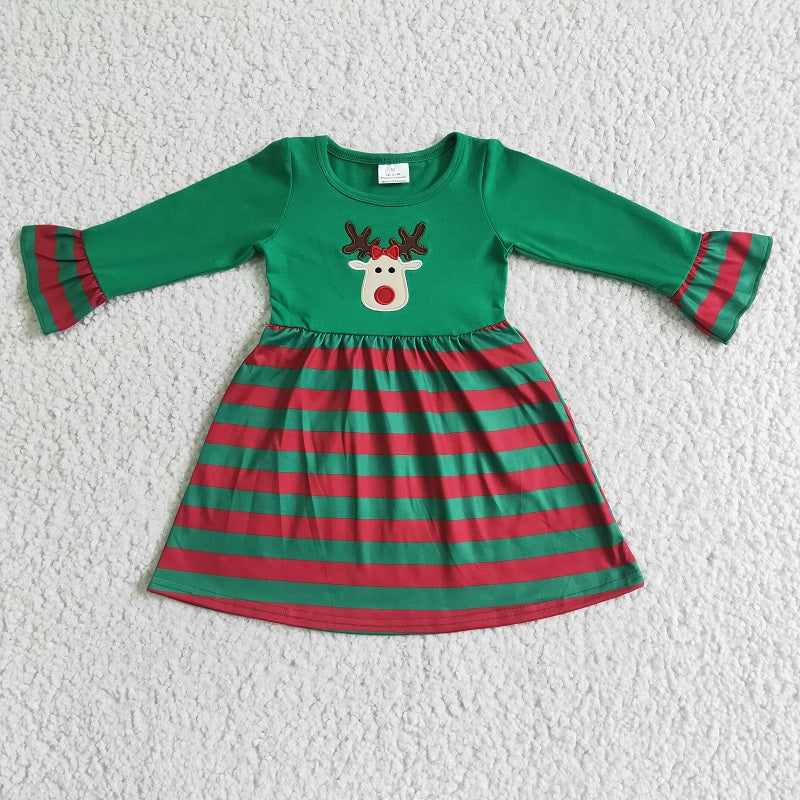 Christmas deer green striped long sleeve dress