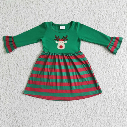 Christmas deer green striped long sleeve dress