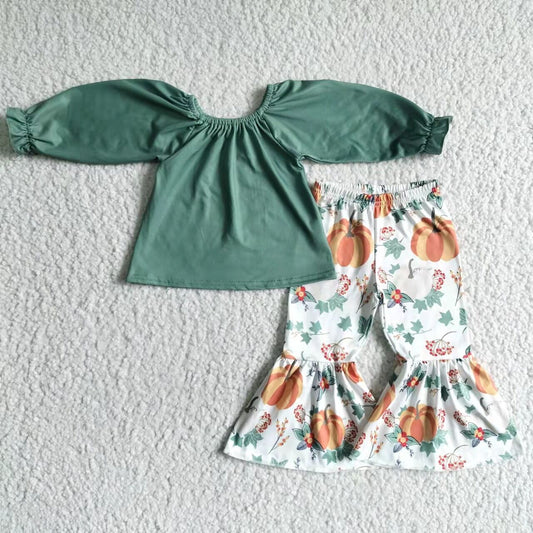 6 A33-19 Girls Autumn Pumpkin Green Long Sleeve Trousers Suit