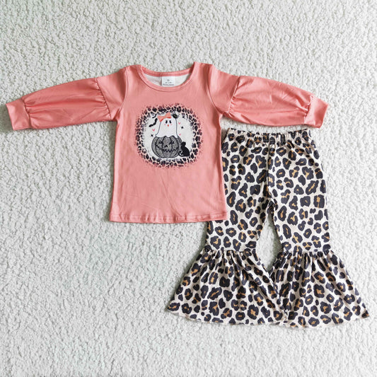 RTS NO MOQ GLP0017 Halloween Ghost Leopard Pumpkin Long Sleeve Pants Set