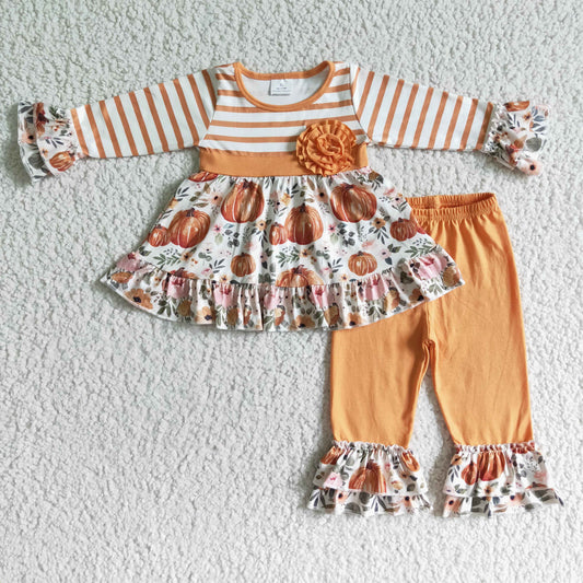 RTS NO MOQ GLP0018 Girls Autumn Pumpkin Flower Long Sleeve Pants Set