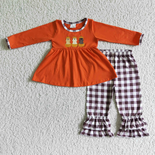 RTS NO MOQ GLP0026 Embroidered Pumpkin Puppy Orange Long Sleeve Plaid Trousers Suit