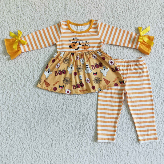 RTS NO MOQ ETA 5/7days GLP0045 Girls BOO Ghost Stripe Bow Long Sleeve Pants Set