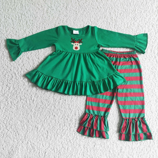 Girls  Christmas embroidery deer green long sleeve pants set