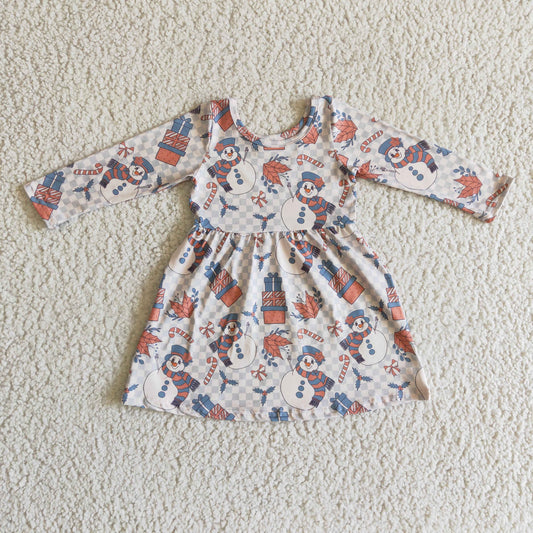 GLD0150 baby clothing long sleeve snowman print kids dresses for girls milk silk