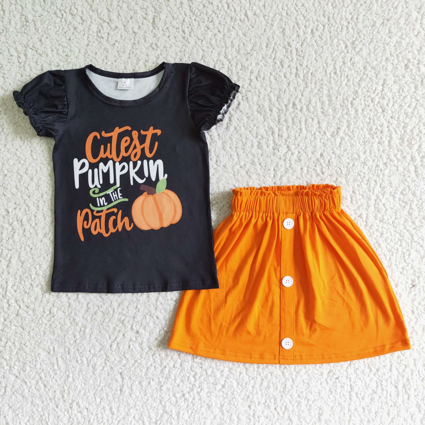RTS NO MOQ GSD0106 Autumn Pumpkin Black Fly Sleeve Orange Skirt Outfit