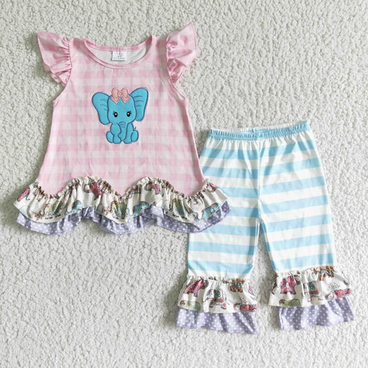 GSPO0104 Girls Pink Embroidered Elephant Flying Sleeves Blue Striped Cropped Pants Suit