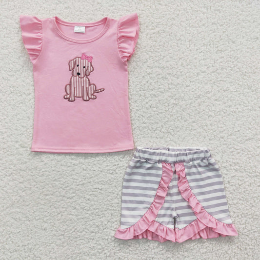 GSSO0223 Girls Embroidered Puppy Pink Flying Sleeve Shorts Set