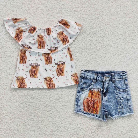 Girls cow print short-sleeved shorts with short jean pants