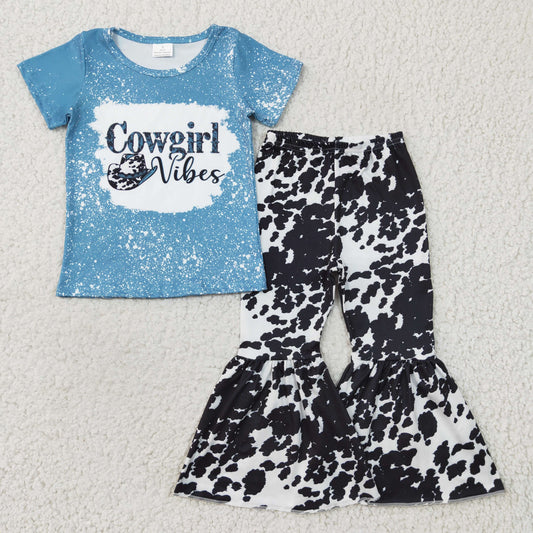 RTS NO MOQ（In Stock)  GSPO0316 Girls Cowgirl Blue Short Sleeve Pants Set Milk Silk
