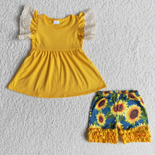 yellow dress top sunflowers pattern short sleeve pants set