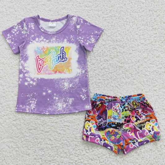 RTS NO MOQ（In Stock ) Girls Lisa Frank Purple Short Sleeve Shorts Set