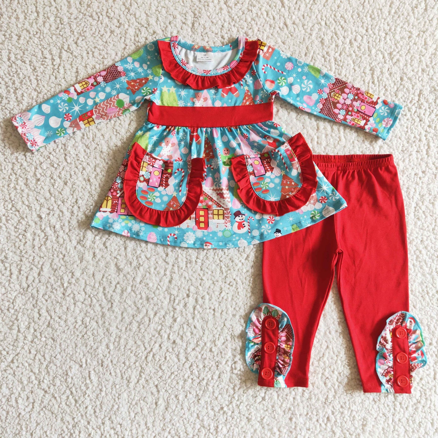 RTS NO MOQ GLP0247 girls christmas outfit long sleeve and long pants santa claus print
