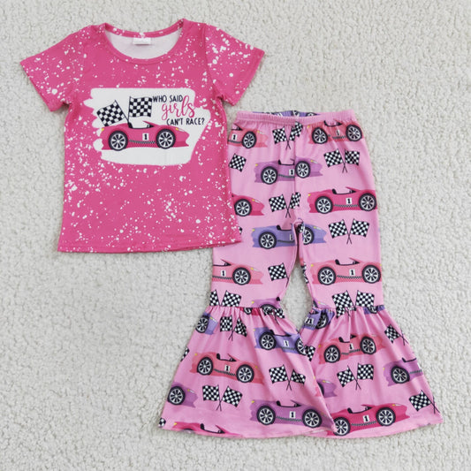 RTS NO MOQ GSPO0318 girls race pink short-sleeved trousers suit Milk Silk