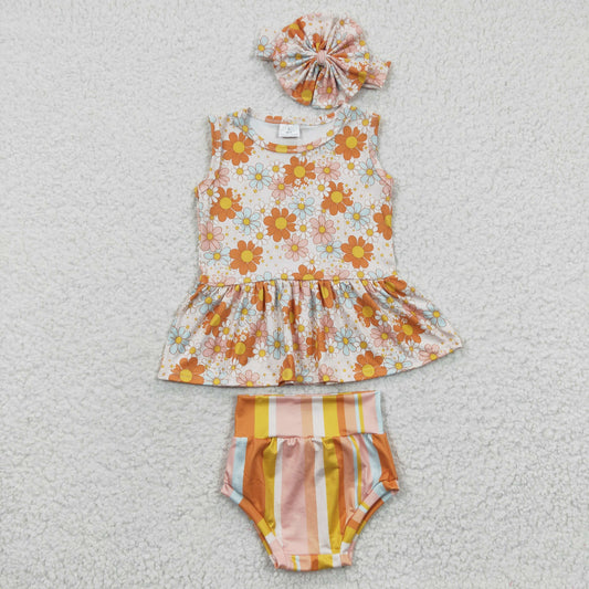 GBO0106 Orange Floral Suspenders Colorful Stripe Brief Set