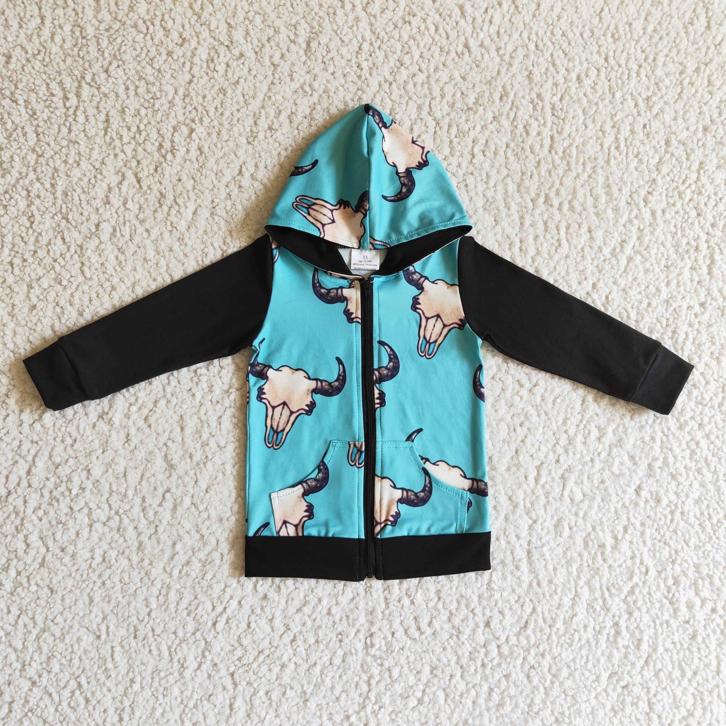 RTS NO MOQ（In Stock) BT0083 boys  long sleeve zipper jacket cow print with a hat