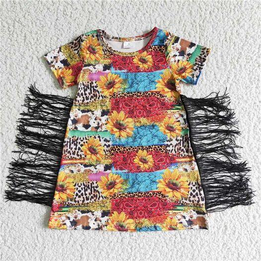 GSD0057 Girls Leopard Cow Print Sunflower Sunflower Tassel Short