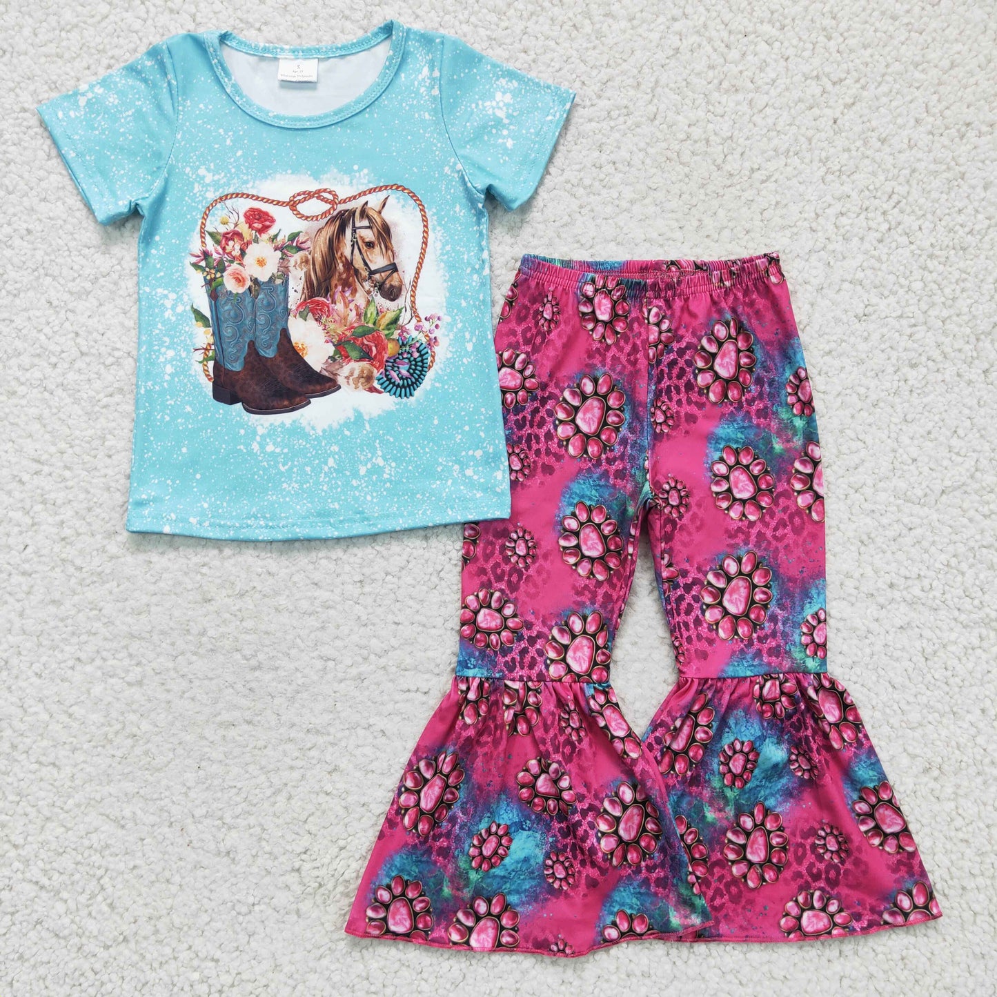 RTS NO MOQ GSPO0312 Girls Boots Horse Blue Short Sleeve Pants Set Short Sleeve Pant Set Milk Silk