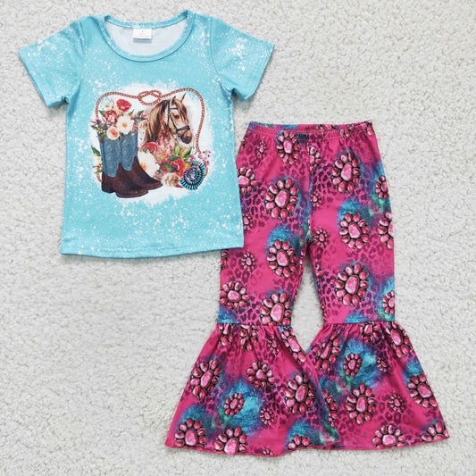 RTS NO MOQ GSPO0312 Girls Boots Horse Blue Short Sleeve Pants Set Short Sleeve Pant Set Milk Silk