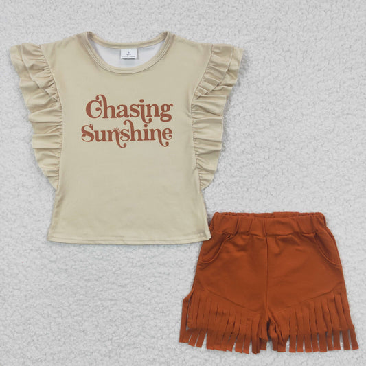 GSSO0213 Girls chasing yellow short-sleeved tassel shorts suit