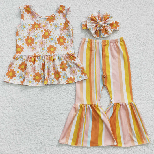 GSPO0508 Girls sun flower Sleeveless Colorful Stripe Trouser Set
