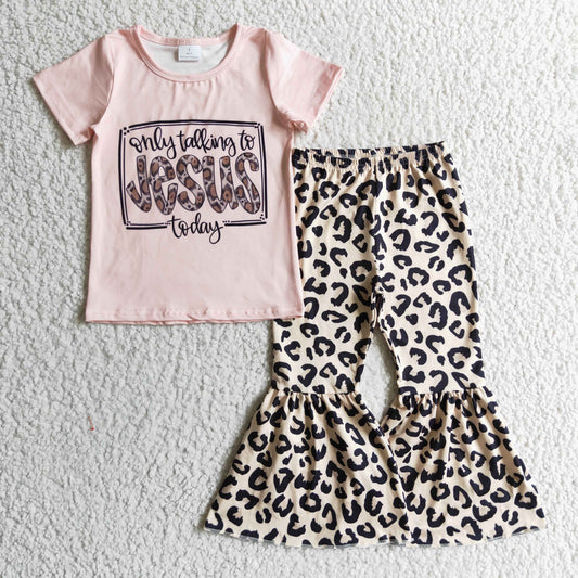 GSPO0226 Kids Clothing Girls Short Sleeve Top And Long Pants Letter Leopard Print